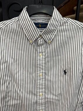 Large Ralph Lauren Men's White & Black Striped Button-Down Shirt
